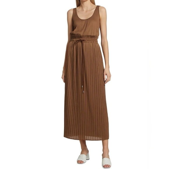 A.L.C. 'Val' Pleated Drawstring-Waist Midi Dress in Rawhide Brown Size L - Picture 1 of 16